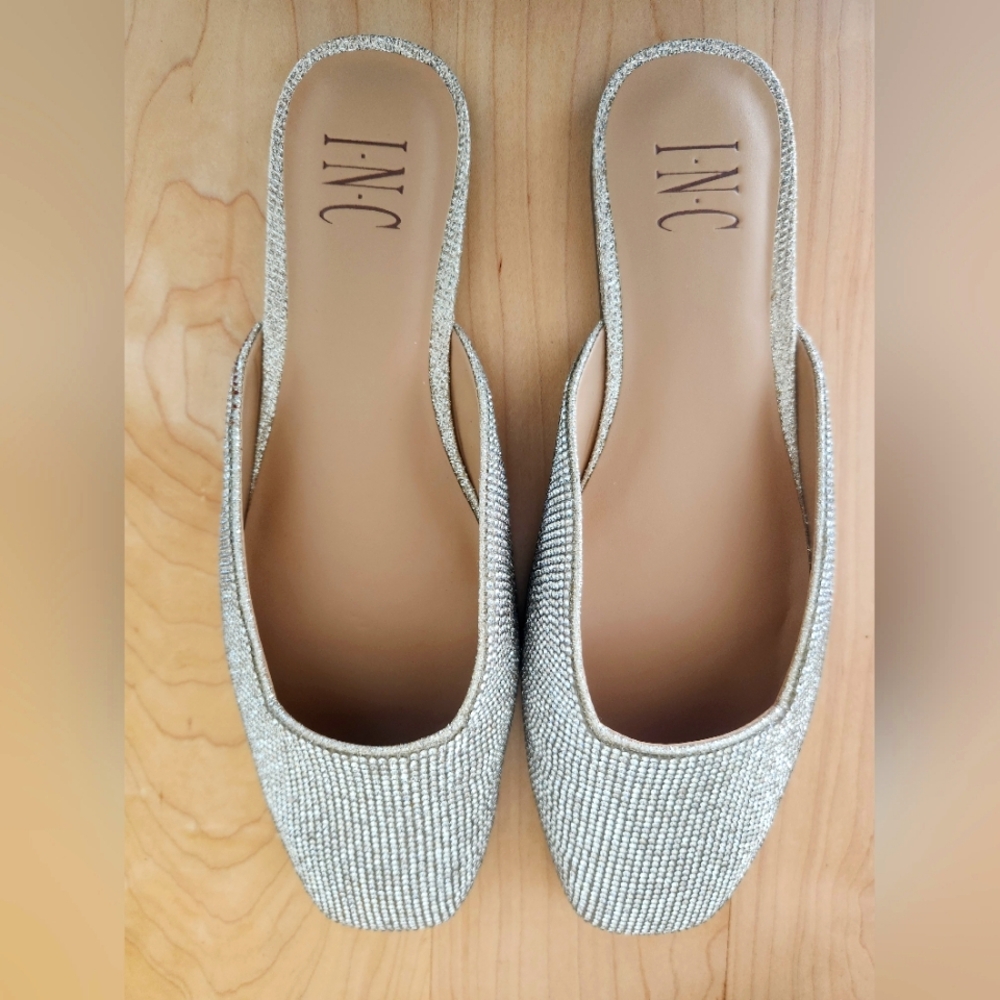 NIB, never been worn, INC flat rhinestone mules, 8.5M